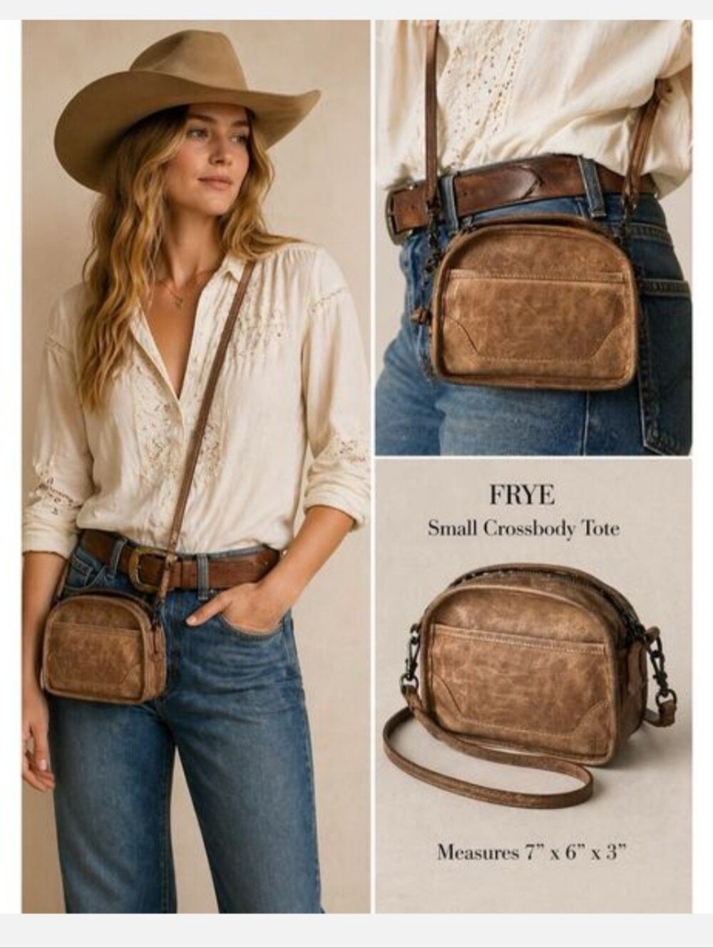 NeW🦄 FRYE DISTRESSED LEATHER SMALL CROSSBODY SATCHEL Tan Camel